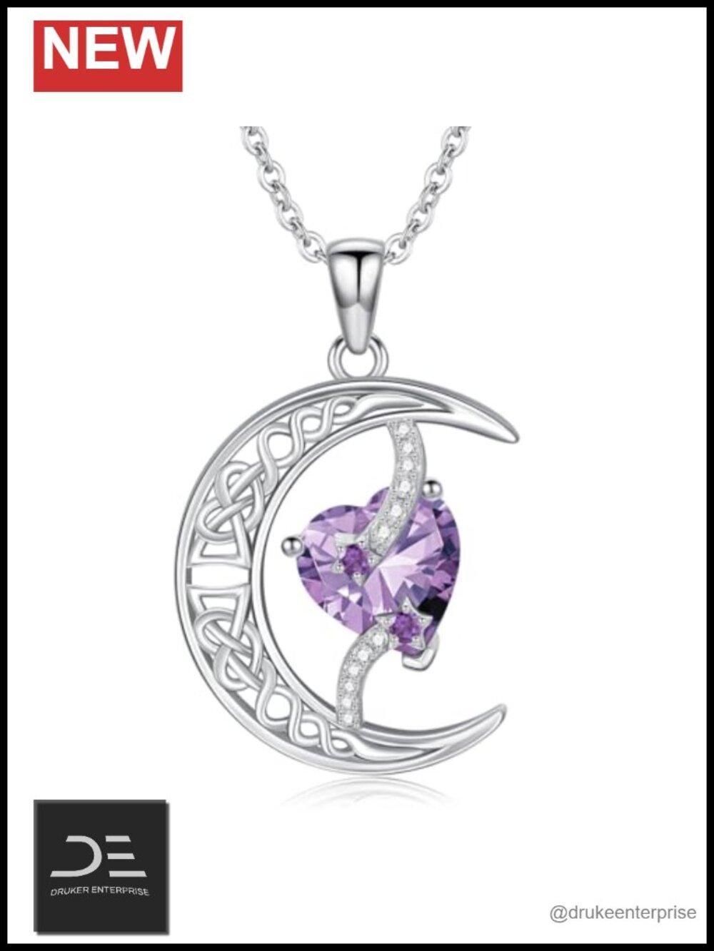 925 Sterling Silver Celtic Moon Star Birthstone Pendant Necklace, June